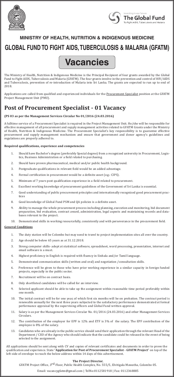 Procurement Specialist - Ministry of Health, Nutrition & Indigenous Medicine